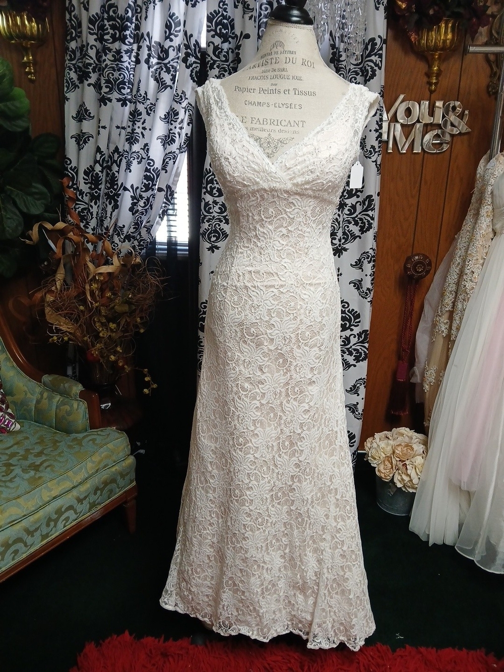 David's Bridal Champagne Lace V-Neck A-Line Wedding Gown